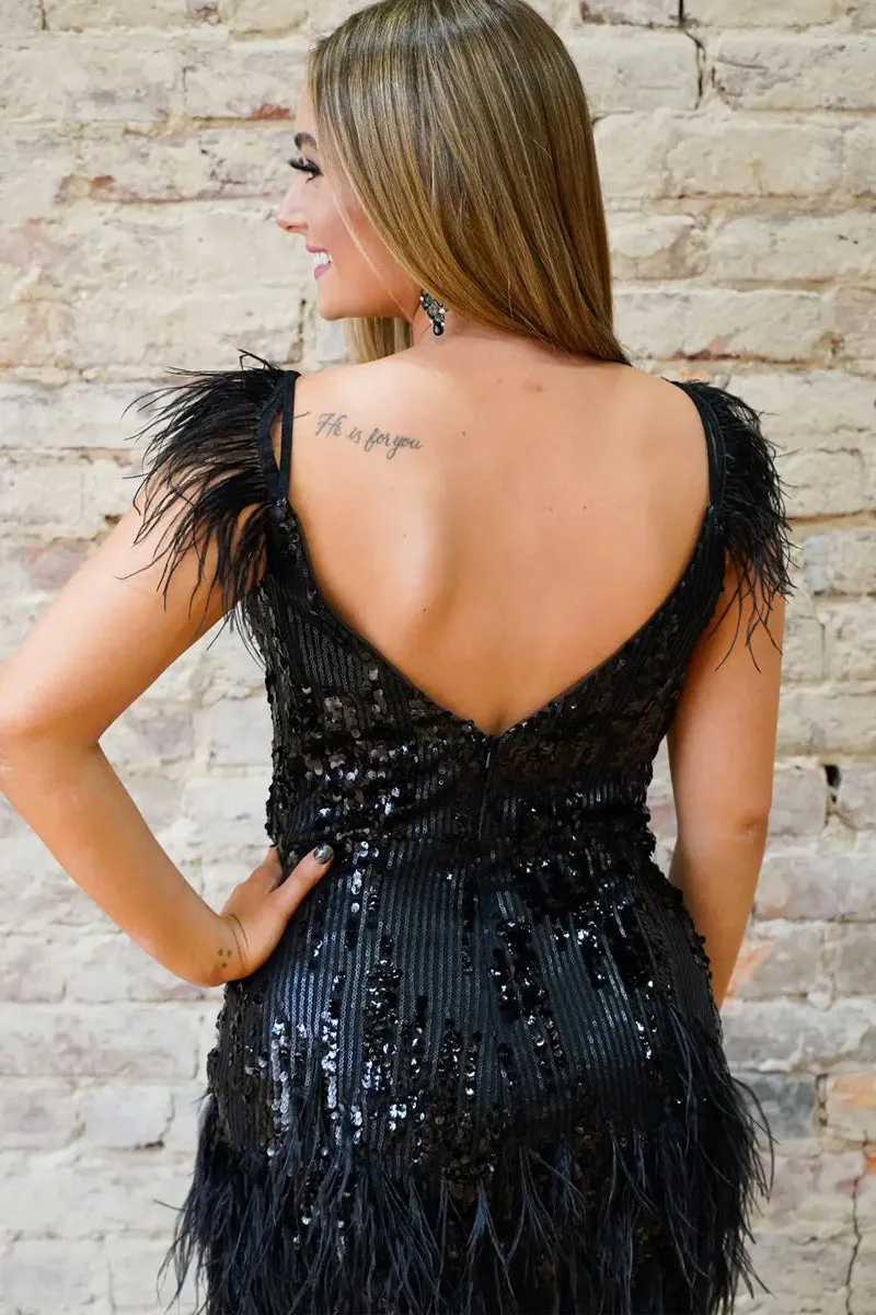 Bodycon V Neck Sequin Lace Tight Short Homecoming Dress with Feather VK23091103