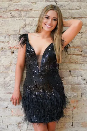 Bodycon V Neck Sequin Lace Tight Short Homecoming Dress with Feather VK23091103