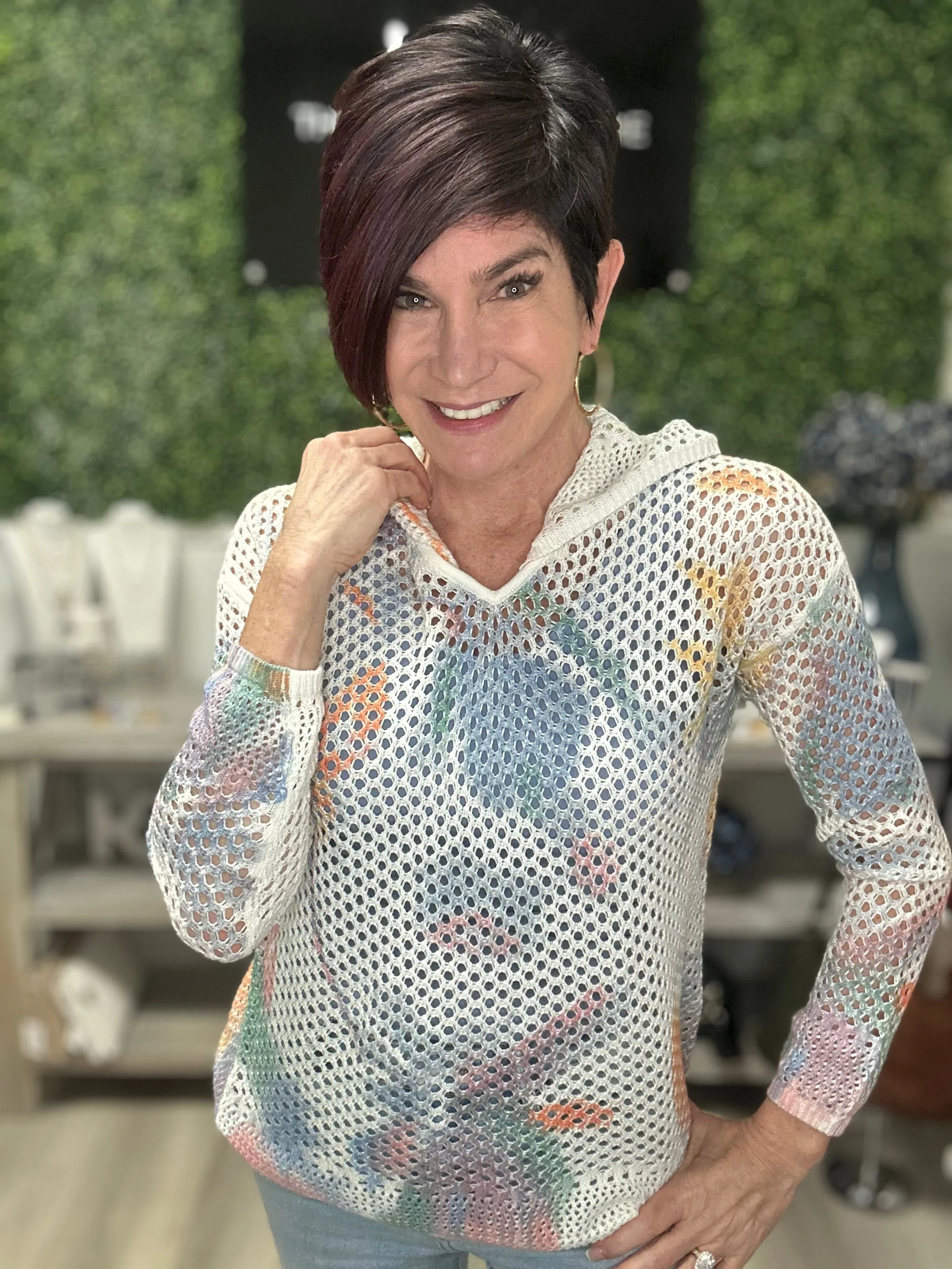CB Printed Crocheted Hooded Sweater