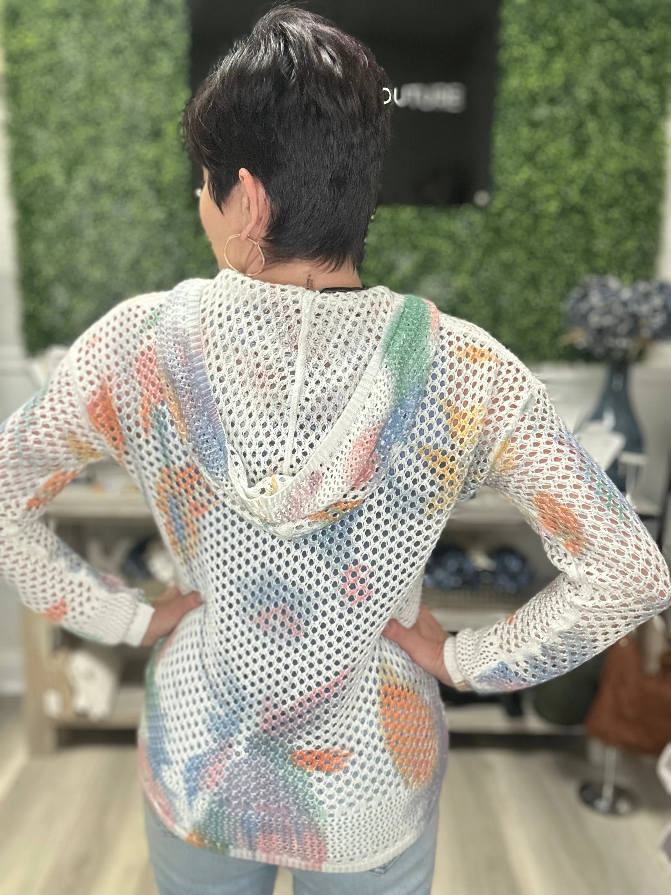 CB Printed Crocheted Hooded Sweater